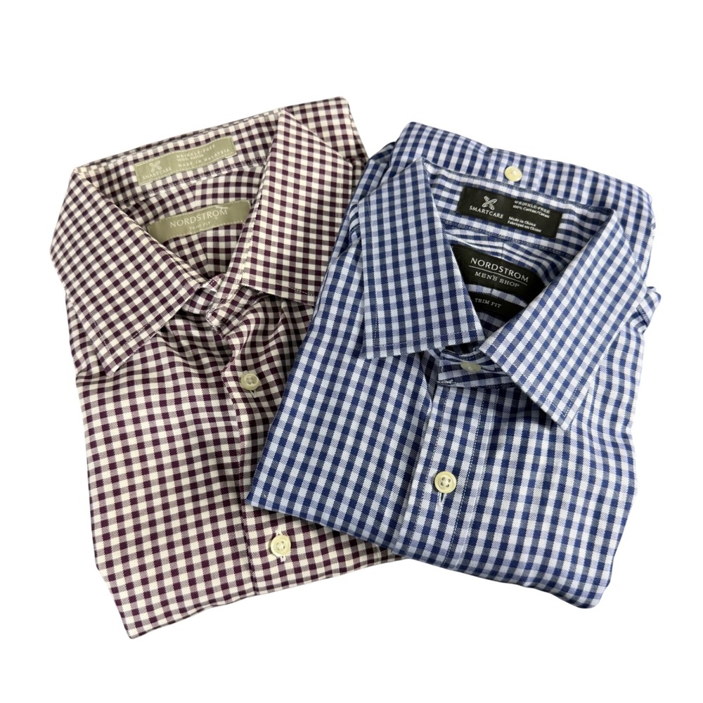 Nordstrom Mens Shop Smartcare Trim Fit Gingham Dress Shirts (2) Blue White 34-35